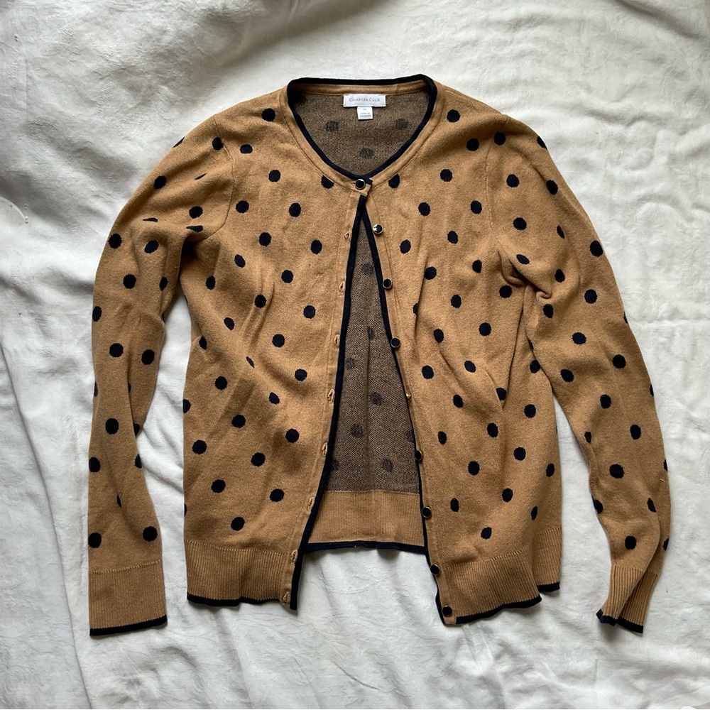 Charter Club Tan and Black Polka Dot Cardigan